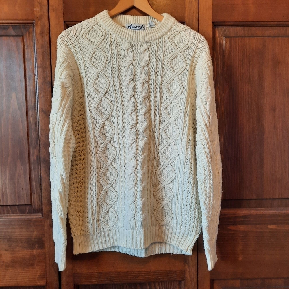 Vintage Award Off White Chunky Cable Knit Fisherman Crewneck Sweater Size Large